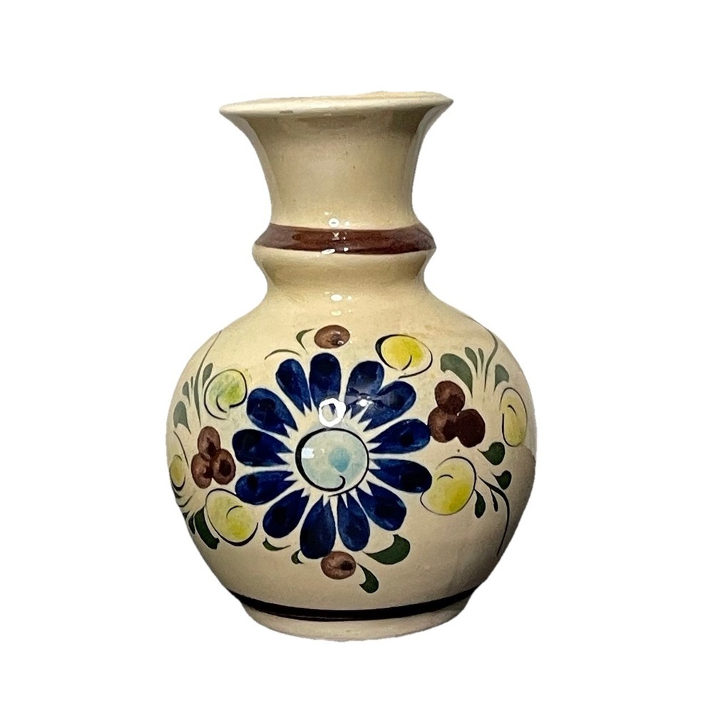 Vintage Mexican Pottery Vase 5" Tall Hand Painted Floral Folk‎ Art Signed Mexico